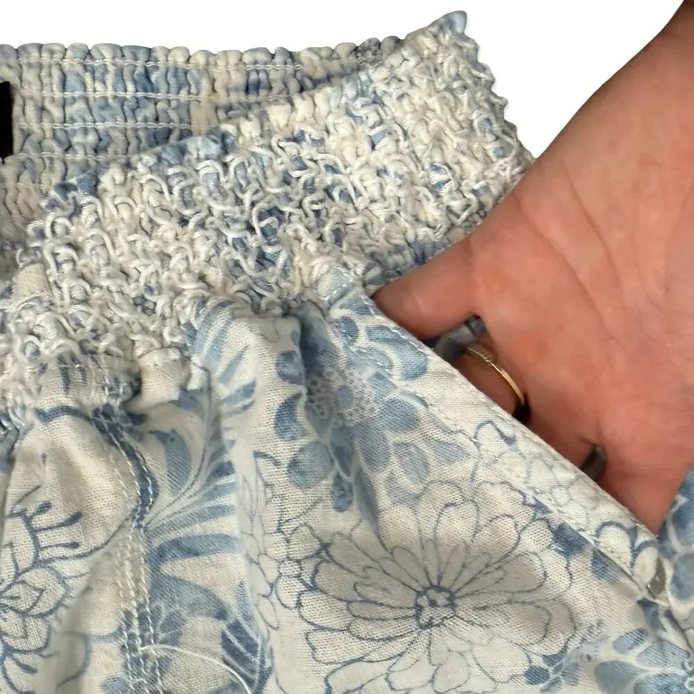 Beau Dawson Blue White Floral Linen Blend Wide Leg Tie Front Pants size L 10 12